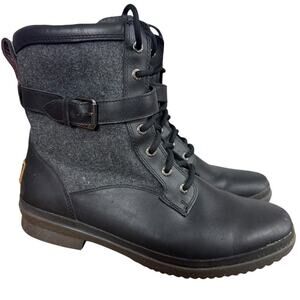 UGG Kesey Boots Black Leather & Wool Ankle Combat Winter Boots Womens sz 10